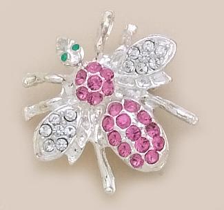 PA250DR: Silver Bee Pin with Pink and Clear Crystals