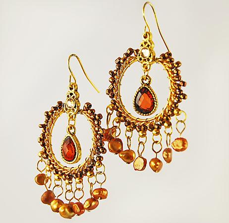 EA485: Dark Topaz Exotic Crystsal & Pearl Beaded Earrings