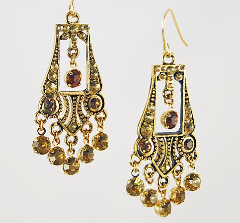 EA486T: Gold Chandelier Earrings in Dark Topaz or Black