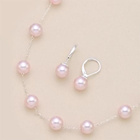 SNT92: Silver Necklace & Earring Set with Pink or White Pearls